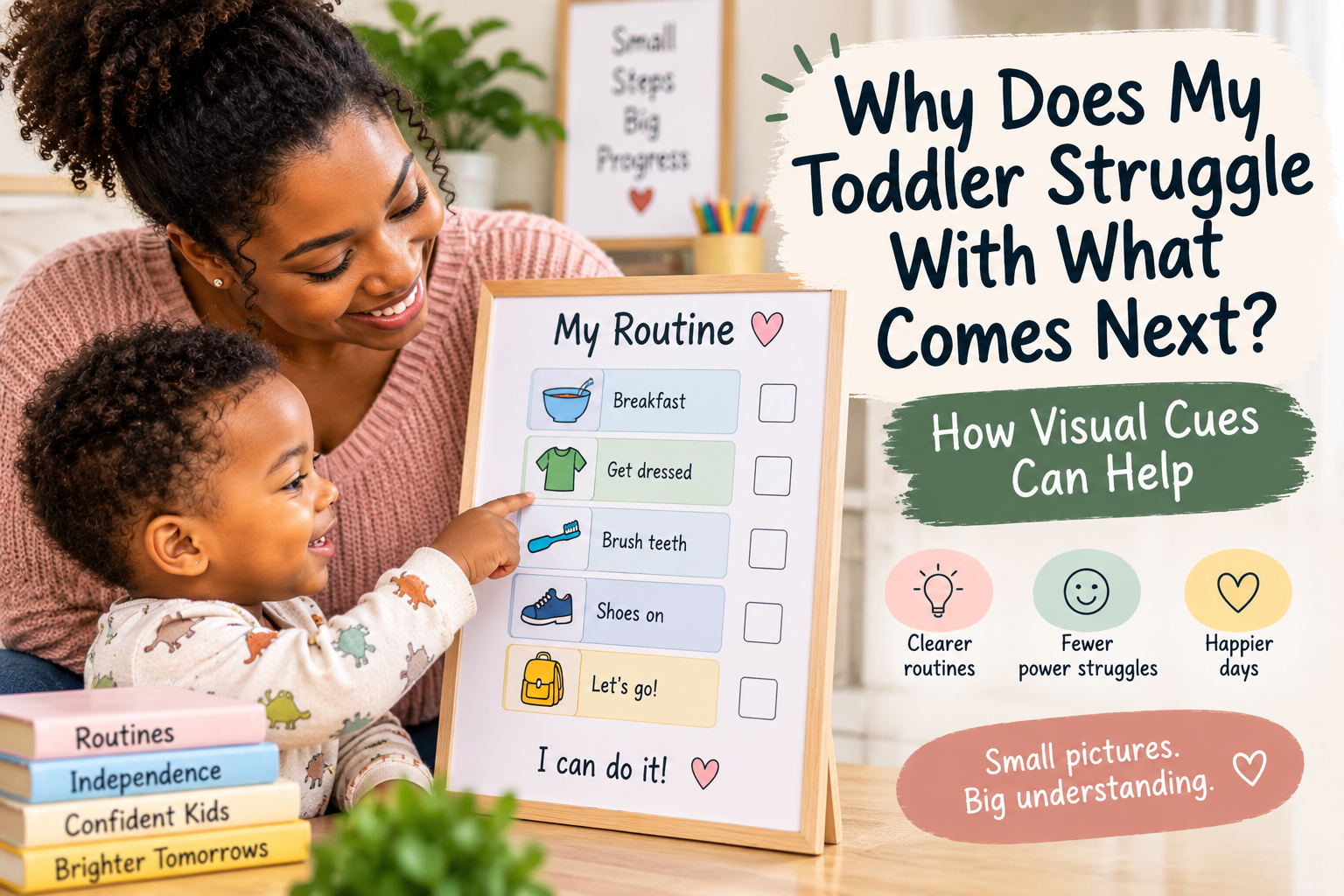 Toddler using visual routine cards to see what comes next